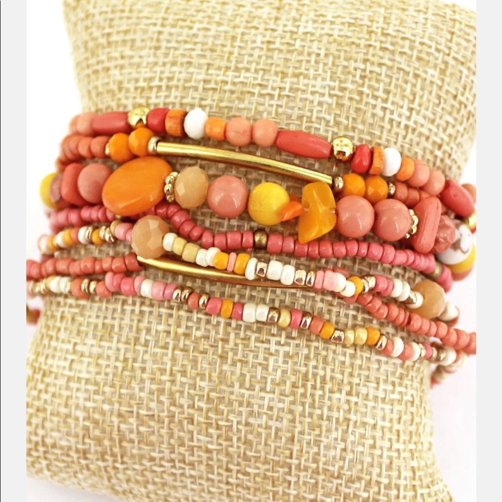 🌻BOGO NEW Goldtone Bar Coral Seed Bead Bracelet Set